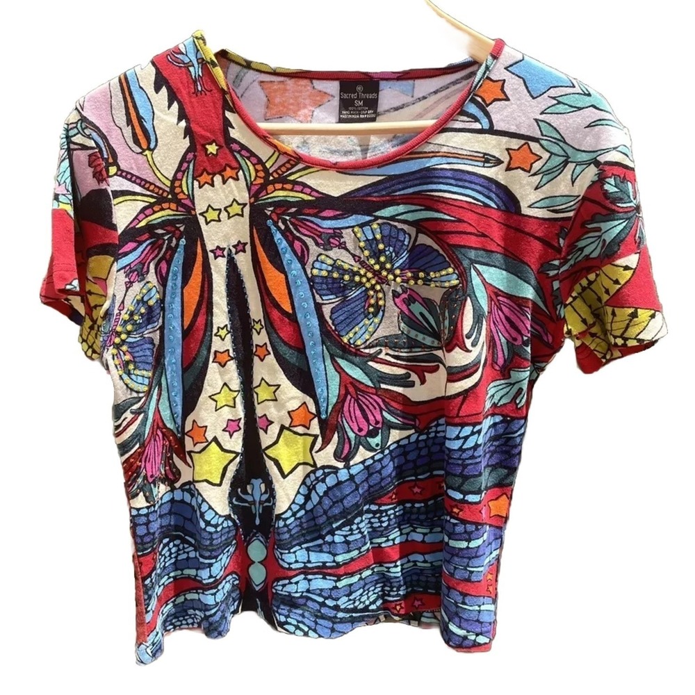Y2K Sacred Threads Boho Rib Knit T Shirt Beaded Butterfly Embellished SZ S